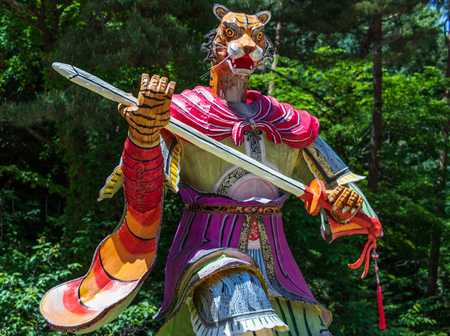 Zodiac Sign: Tiger Statue. Paper lantern of astrological sign in a buddhist temple in South Korea. Guinsa, Danyang Region, South Korea, Asia.の写真素材
