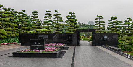 Main entrance to the United Nations (UNO) Memorial Cemetery of Korean War in Seoul, South Korea,...