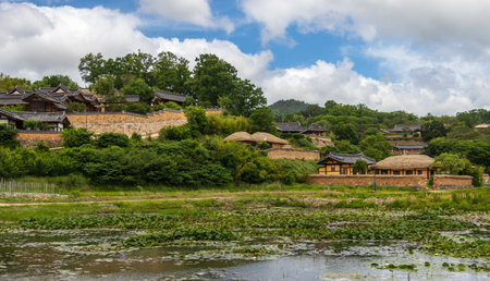 Panoramic view on korean Yangdong Folk Village with traditional style architecture in a typical landscape. Gyeongju, South Korea, Asia.の写真素材