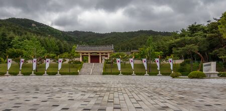 Panorama of Tongiljeon Complex, entrance square with monument inside beautiful nature. Heritage of former Capital Gyeongju, South Korea. Asia.の写真素材