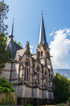Bottom view on main protestant Church, Christuskirche, in Meran. Merano. Province Bolzano, South Tyrol, Italy. Europe.の写真素材