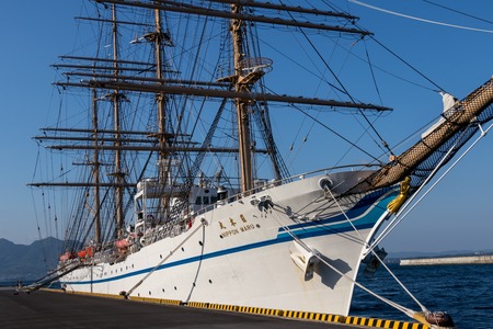 Front Panorama of japanese Sailing Ship Nippon Maru in the Harbour of Beppu. Oita Prefecture, Japan.のeditorial素材