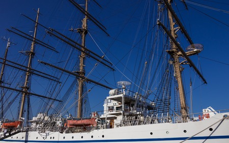 Masts, Rigging and Equipment of japanese Sailing Ship Nippon Maru in the Harbour of Beppu. Oita Prefecture, Japan.のeditorial素材