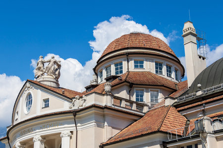 Detail view on dome roof complex of famous historical building Kurhaus in Meran. Province Bolzano,...