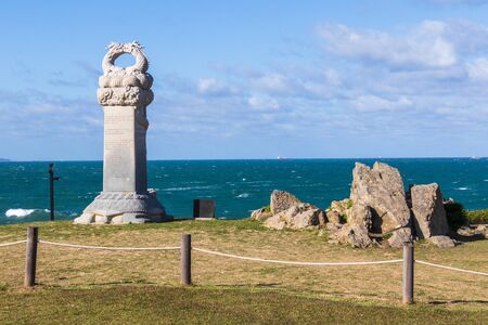 Huge White Tortoise Memorial Monument looking to the sea, near Ganjeolgot. Easternmost Point of Peninsula in Ulsan, South Korea. Asiaの写真素材