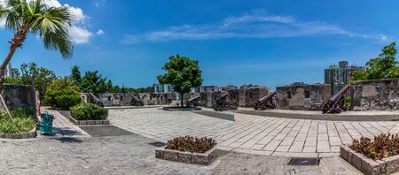 Panorama of main defense plateau with replica cannon of Mount Fortress, Fortaleza do Monte, inside vegetation. Santo AntÃ³nio, Macao, China. Asia.の写真素材