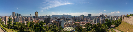 Large Panoramic view on Skyline of central District of Macau inside Nature. Vegetation in foreground. Santo AntÃ³nio, Macao, China. Asia.のeditorial素材