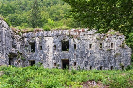 Detail view on Walls of Fort Hermann. Crumbling World War I Fortress near Mount Rombon. Bovec, Gorizia, Slovenia.の写真素材