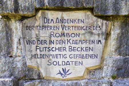 Central Sign Inscription on Main Monument of Soldier Graveyard, ger. Soldatenfriedhof des Ersten Weltkriegs in Log pod Mangartom, Bovec, Sloveniaの写真素材