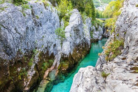 View on the Grand Canyon of Soca River. In the Triglav National Park near Bovec, Gorizia, Slovenia, Europe.の写真素材