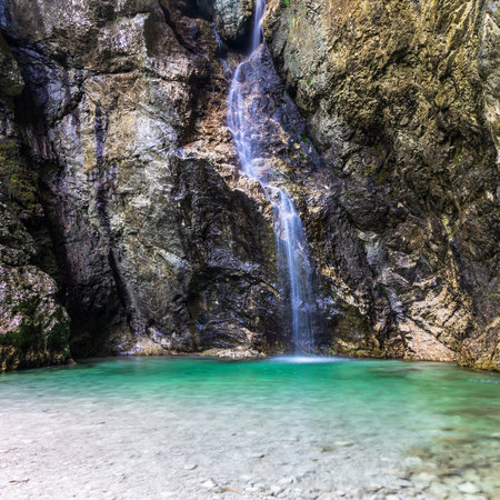 Detail view on Cathedral Waterfall, Katedrala, near River Koritnica in Triglav National Park. Log...
