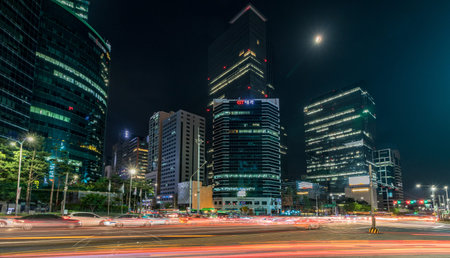 Night Panorama of Gangnam Square with Skyscraper and Traffic in the Gangnam District. Seoul, South...