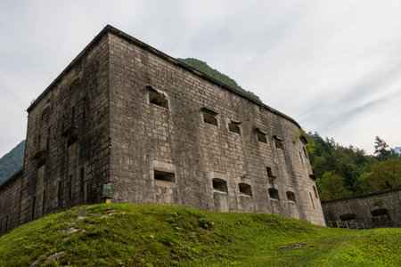 Backside wall of Fortress, Fort Kluze, german: Flitscher Klause. Fortification for World War during...