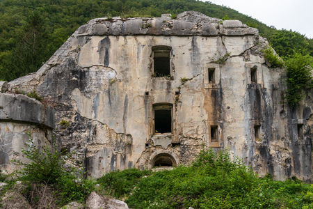 Detail view on Fort Hermann. Crumbling World War I Fortress near Mount Rombon. Bovec, Gorizia, Slovenia.のeditorial素材