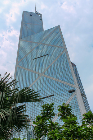 Detail view on a Famous Bank Tower in Hongkong at day. Tall Skyscraper on Hong Kong Island, China. Asiaのeditorial素材