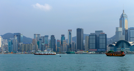 Skyline Panorama with Victoria Bay, Traditional Ship and Hongkong Island in the background. Taken...