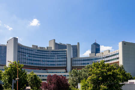 View on Complex of United Nations Organization (UNO), ger. United Nations and Landscape in Danube City, Vienna, Austria, Europeのeditorial素材