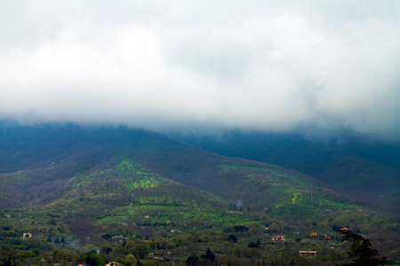 Landscape on the mountain, Hills in the fogの写真素材