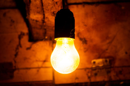 Old incandescent lamp covered with cobwebs, hanging from the ceiling