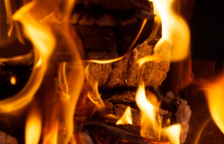 burning red wood, charcoal covered with fire
