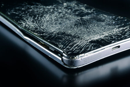 Broken phone on black background, phone repair advertisement