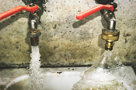 Old water tap. Water flows from the pipeの写真素材