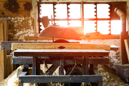 Circular saw for wood processing. Old Circular. Carpenter workshopの写真素材