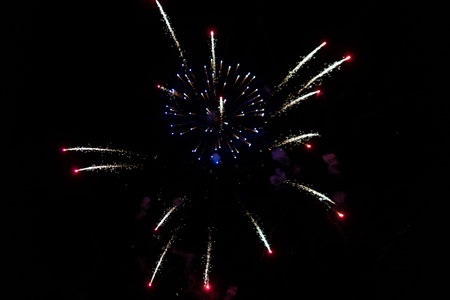 Festive salute. Bright and colorful fireworks explode in the sky. New Year.