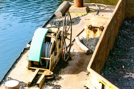 Cables on the barge. Coal transportation. Zhelezgyn ropesの写真素材