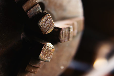 Old lathe chuck, closeup. Wood turning lathe