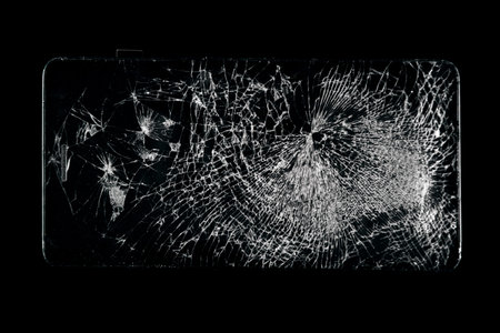Broken phone screen, large cracked glass on a black background