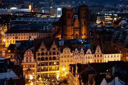 Wroclaw at night at sunset. View from aboveの写真素材