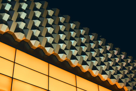 Abstract geometric background with three-dimensional solid shapes. Cubic building facade