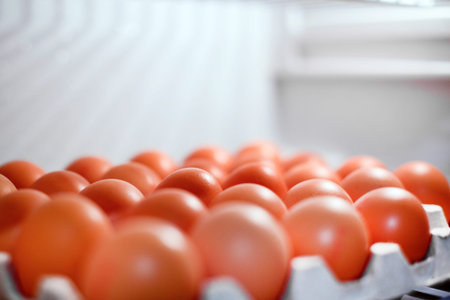 A lot of chicken eggs in the tray in the refrigerator