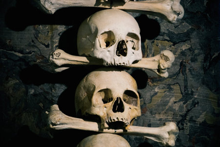 Human skulls and bones. Mass burial of people