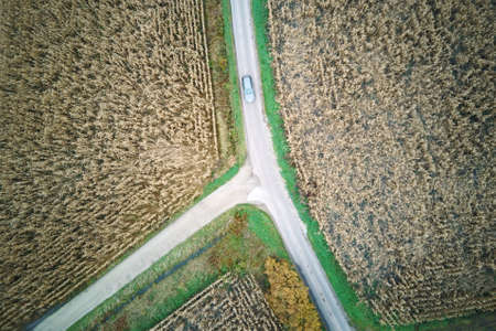 Cornfield and roads from a bird's eye viewの写真素材