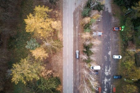 Car Parking in the forest, view from the heightの写真素材