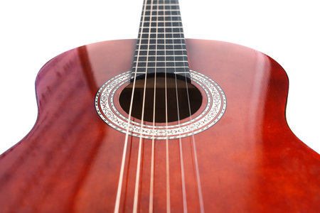 Classical guitar close up, classical guitar fretboard on white background