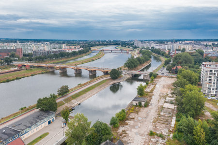 city bridge over the blue river, Wroclaw, Polandの写真素材