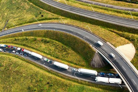Modern roads, junctions and bridges. Freeway from the top view. summer Wroclaw Polandの写真素材