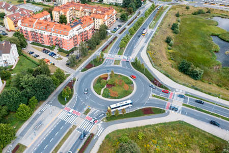 Modern roads, junctions and bridges. Freeway from the top view. summer Wroclaw Polandの写真素材