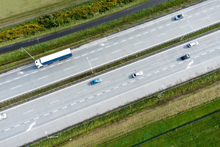 Aerial view of the freeway with various connections. Vehicles travel on the roads. Polandの写真素材