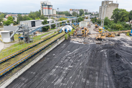 Large reserves of coal at a power plant, many cranes unloading coal, a lot of coal, top view