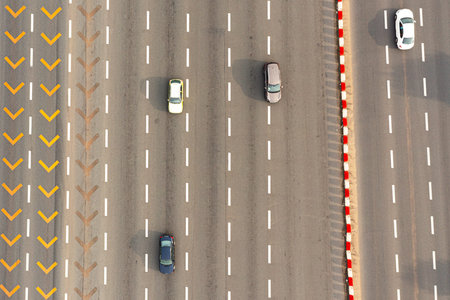 Aerial view of the freeway with cars driving along it