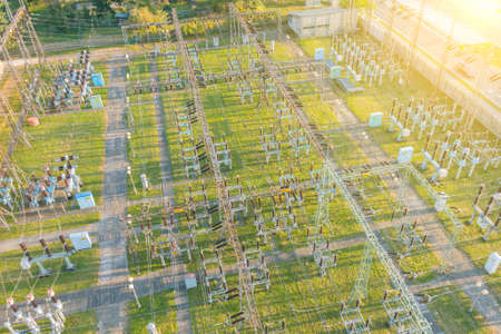 Top view of the city's electrical substation. A substation with transformers that distributes high voltage throughout the city.の写真素材