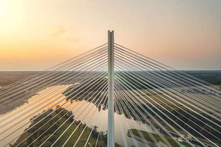Beautiful large white bridge with outstretched pylons, Wroclaw POLANDの写真素材