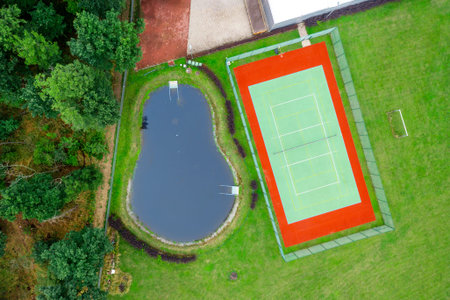 Outdoors tennis court seen from the air directly aboveの写真素材