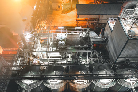 Bird's eye storage tank at night, chemical oil storage tank farm, petroleum products, oil terminal refineryの写真素材