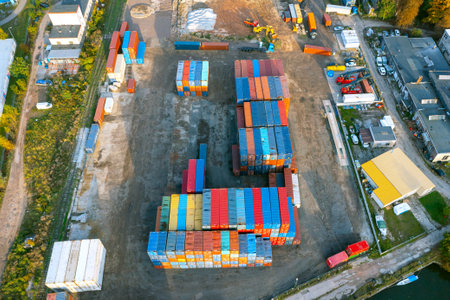 Many shipping containers from a bird's eye viewの写真素材