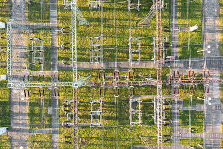 City high voltage substation, Many electrical cables and transformers with a view from aboveの写真素材